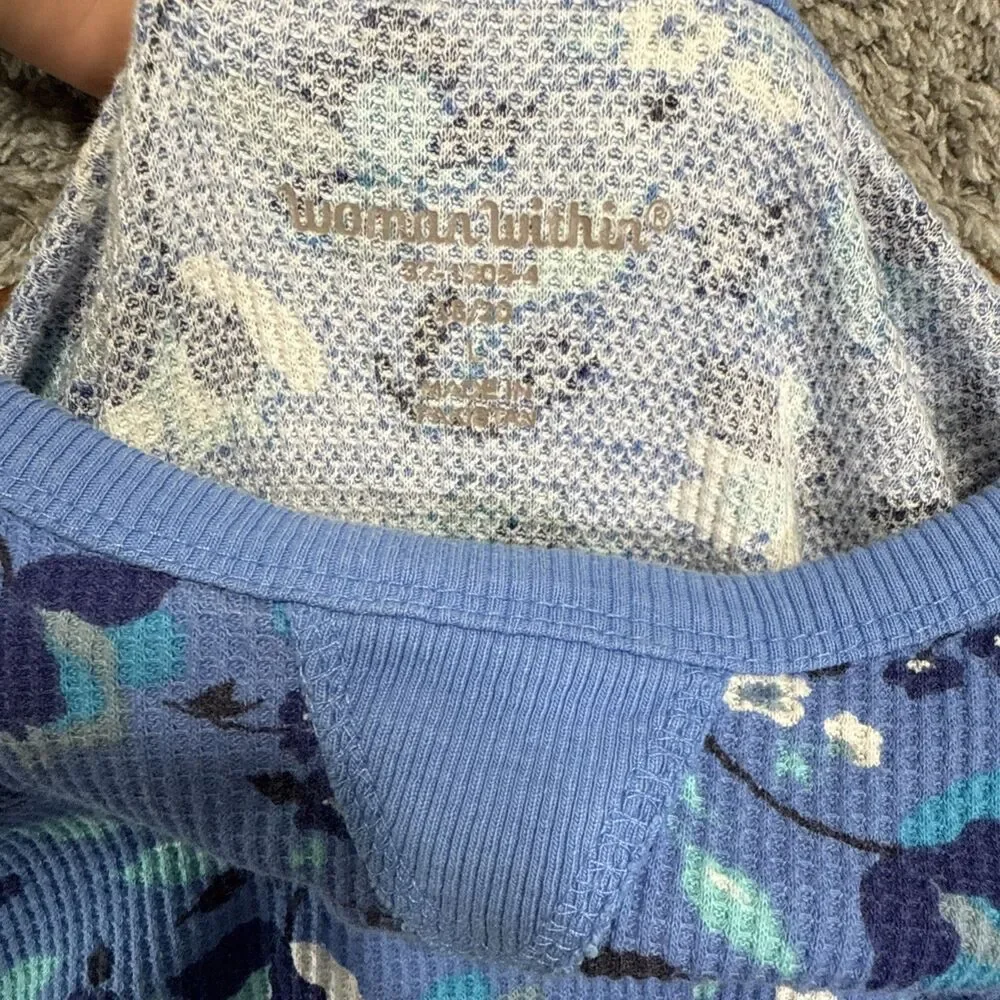 Woman Within 18/20 Waffle Knit Floral Long Sleeve Top Blue L - Picture 4 of 6